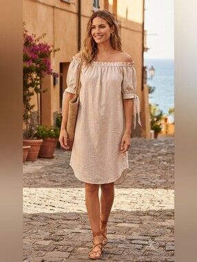 Vanessa Alexandra Striped Linen Off-The-Shoulder Dress / Tunic – Size L